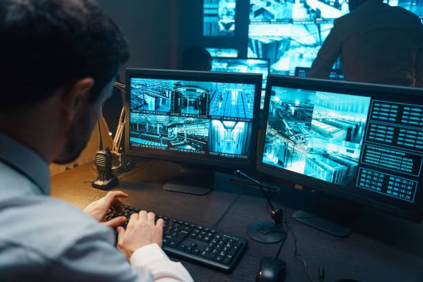 DOMSECUR - Security guard watching video monitoring surveillance security system.